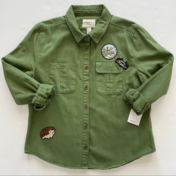 Forever 21 Jackets & Blazers - Forever 21 Patched Army Green Denim Jacket Sz L